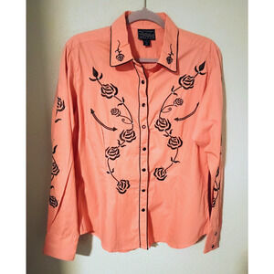 Women's Cattlelac Ranch Peach Pink Brown Embroidered Western Shirt Snap Front L